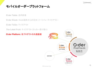 confidential
©Showcase Gig
13
モバイルオーダープラットフォーム 
O:der Table: 店内飲食
O:der Kiosk: Kiosk端末からの注文（イートイン・テイクアウト）
O:der ToGo: テイクアウト
The Label Fruit: テイクアウト（ロッカー受け取り）
O:der Platform: 各プロダクトの共通基盤
and more
 