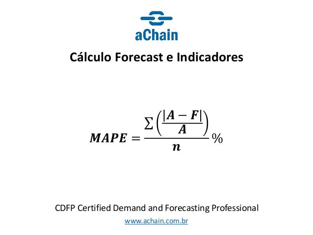 www.achain.com.br
Cálculo Forecast e Indicadores
CDFP Certified Demand and Forecasting Professional
𝑴𝑨𝑷𝑬 =
σ
𝑨 − 𝑭
𝑨
𝒏
%
 