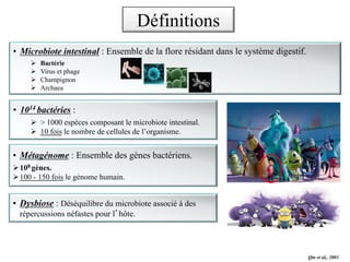 • Microbiote intestinal : Ensemble de la flore résidant dans le système digestif.
Ø Bactérie
Ø Virus et phage
Ø Champignon
Ø Archaea
• Métagénome : Ensemble des gènes bactériens.
Ø108 gènes.
Ø100 - 150 fois le génome humain.
Qin et al., 2003
• 1014 bactéries :
Ø > 1000 espèces composant le microbiote intestinal.
Ø 10 fois le nombre de cellules de l’organisme.
Définitions
• Dysbiose : Déséquilibre du microbiote associé à des
répercussions néfastes pour l hôte.
 