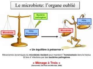 « Un équilibre à préserver »
Mécanismes dynamiques du microbiote résident pour maintenir l homéostasie dans le tractus
GI lors d infections par des bactéries pathogènes
« Ménage à Trois »
(Sansonetti, Cell Host and Microbe, 2008)
Hôte
Physiologie
Microbiote
Bactérie
pathogène
Hôte
Physiologie
Microbiote
Le microbiote: l’organe oublié
 