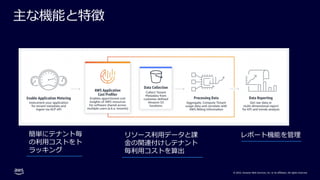 © 2022, Amazon Web Services, Inc. or its affiliates. All rights reserved.
主な機能と特徴
リソース利⽤データと課
⾦の関連付けしテナント
毎利⽤コストを算出
簡単にテナント毎
の利⽤コストをト
ラッキング
レポート機能を管理
 