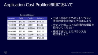© 2022, Amazon Web Services, Inc. or its affiliates. All rights reserved.
Application Cost Profiler利⽤において
• コスト分析のためのメトリクスと
実際の課⾦は分けて考えましょう
• テナント毎コストの合理的な概算を
⽬指してください
• 複雑すぎないようバランスを
取りましょう
Account Debit Credit Balance
9892941 $12.00 $130.00 $118.00
1848193 $41.00 $0.00 $77.00
3999314 $0.00 $100.00 $177.00
6892992 $20.00 $5.00 $192.00
4108482 $40.00 $60.00 $212.00
2949230 $69.00 $0.00 $123.00
General ledger
 