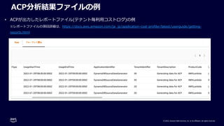 © 2022, Amazon Web Services, Inc. or its affiliates. All rights reserved.
ACP分析結果ファイルの例
• ACPが出⼒したレポートファイル(テナント毎利⽤コストログ)の例
※レポートファイルの項⽬詳細は、https://docs.aws.amazon.com/ja_jp/application-cost-profiler/latest/userguide/getting-
reports.html
 