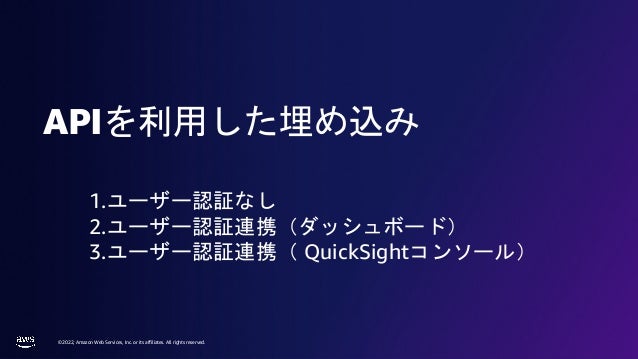 © 2022, Amazon Web Services, Inc. or its affiliates. All rights reserved.
APIを利用した埋め込み
1.ユーザー認証なし
2.ユーザー認証連携（ダッシュボード）
3.ユーザー認証連携（ QuickSightコンソール）
 