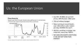 Luis Garicano, MEP
Us: the European Union
• Gas Bill: 70-80bn at currrent
prices, 40% Russian: 30bn year
• 75% of military Budget
• Now running at record levels ,
over 100 million cubic meters
per day, DURING the war!!
• World is sending in energy, raw
materials, every day 700mn
• NO SANCION WORTH ANYTHING
IF WE DO NOT SANCTION
ENERGY!
21
 
