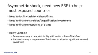 Luis Garicano, MEP
Asymmetric shock, need new RRF to help
most exposed countries
• Need to facility cash for citizens/firms
• Need to finance transition/degasification investments
• Need to finance reoponing of plants
• How? Combine
• European money: a new joint facility with similar rules as Next-Gen
• National money: a suspension of fiscal rules to allow for significant national
investment
23
 