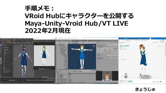 手順メモ：
VRoid Hubにキャラクターを公開する
Maya-Unity-Vroid Hub/VT LIVE
2022年2月現在
きょうじゅ
 