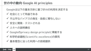 20
世の中の動向 Google AI principles
Googleは以下の基本方針に基づきAIの利用を決定する
ü 社会にとって有益である
ü 不公平なバイアスの発生・助長に寄与しない
ü 安全に開発・テストされる
ü 人々への説明責任
ü Googleのprivacy design principleに準拠する
ü 科学的卓越性(Scientific excellence)の探究
ü 基本理念に沿った利用への技術提供
 