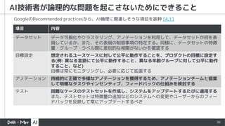 26
項目 内容
データセット データ可視化やクラスタリング、アノテーションを利用して、データセットが何を表
現しているか、また、その表現の制限事項の特定する。同様に、データセットの特徴
量・グループ・ラベル間に差別的な相関がないかを確認する
目標設定 想定されるユースケースに対して公平に動作することを、プロダクトの目標に設定す
る(例: 異なる言語にて公平に動作すること、異なる年齢グループに対して公平に動作
すること、など)
目標は常にモニタリングし、必要に応じて拡張する
アノテーション 持続的に正確で多様なアノテーションを獲得するため、アノテーションチームと協業
して明確なタスクやインセンティブ、フィードバックの仕組みを検討する
テスト 困難なケースのテストセットを作成し、システムをアップデートするたびに適用する
また、テストセットは特徴量の追加などのシステムへの変更やユーザーからのフィー
ドバックを反映して常にアップデートするべき
AI技術者が論理的な問題を起こさないためにできること
GoogleのRecommended practicesから、AI倫理に関連しそうな項目を抜粋 [4.1]
 