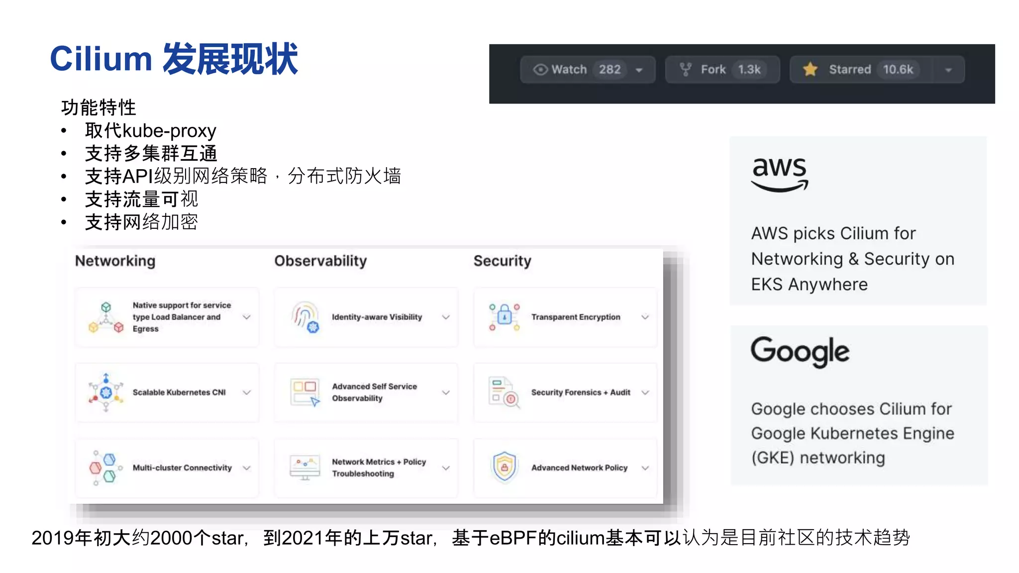功能特性
• 取代kube-proxy
• 支持多集群互通
• 支持API级别网络策略，分布式防火墙
• 支持流量可视
• 支持网络加密
2019年初大约2000个star，到2021年的上万star，基于eBPF的cilium基本可以认为是目前社区的技术趋势
Cilium 发展现状
 