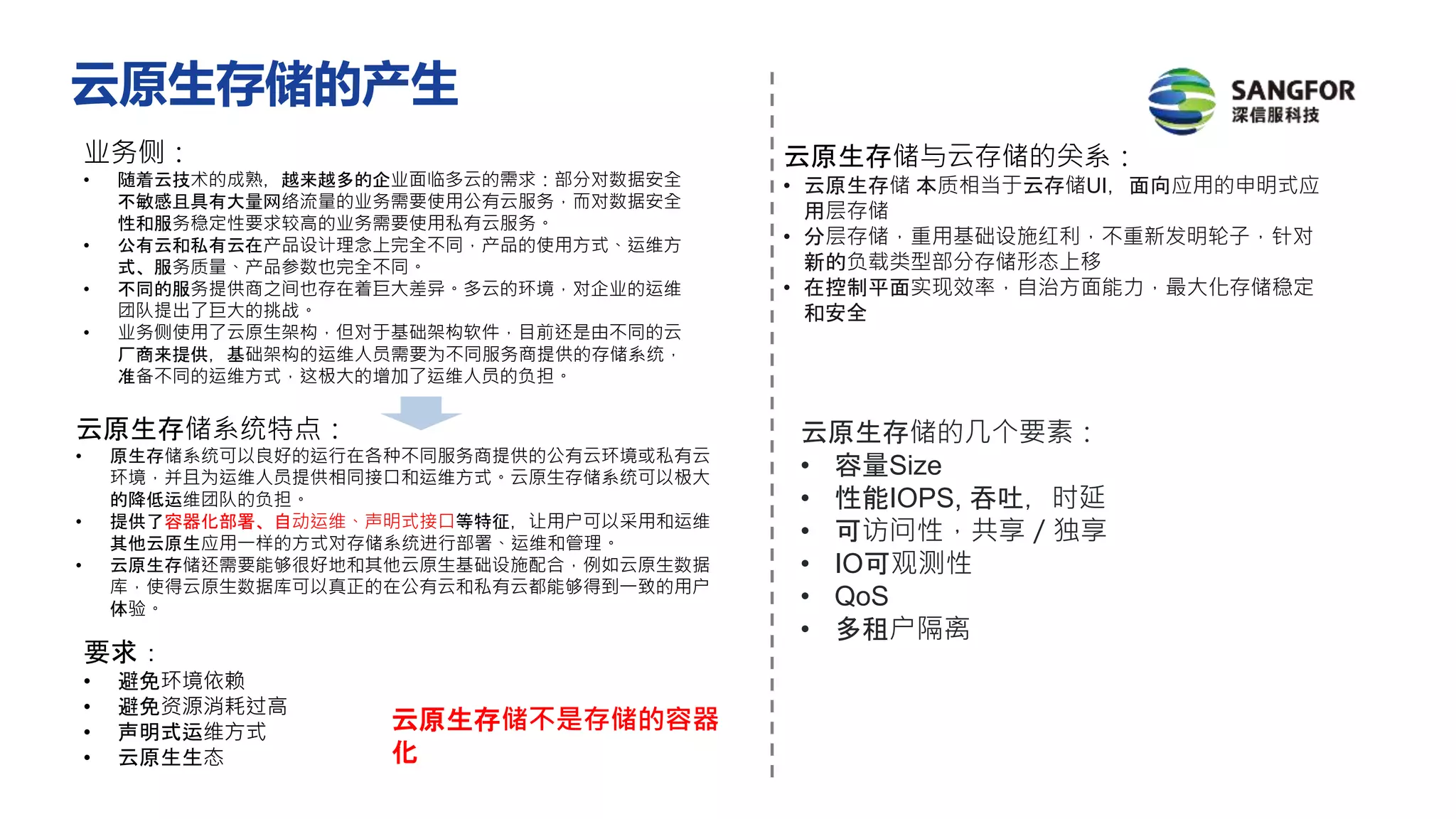 业务侧：
• 随着云技术的成熟，越来越多的企业面临多云的需求：部分对数据安全
不敏感且具有大量网络流量的业务需要使用公有云服务，而对数据安全
性和服务稳定性要求较高的业务需要使用私有云服务。
• 公有云和私有云在产品设计理念上完全不同，产品的使用方式、运维方
式、服务质量、产品参数也完全不同。
• 不同的服务提供商之间也存在着巨大差异。多云的环境，对企业的运维
团队提出了巨大的挑战。
• 业务侧使用了云原生架构，但对于基础架构软件，目前还是由不同的云
厂商来提供，基础架构的运维人员需要为不同服务商提供的存储系统，
准备不同的运维方式，这极大的增加了运维人员的负担。
云原生存储系统特点：
• 原生存储系统可以良好的运行在各种不同服务商提供的公有云环境或私有云
环境，并且为运维人员提供相同接口和运维方式。云原生存储系统可以极大
的降低运维团队的负担。
• 提供了容器化部署、自动运维、声明式接口等特征，让用户可以采用和运维
其他云原生应用一样的方式对存储系统进行部署、运维和管理。
• 云原生存储还需要能够很好地和其他云原生基础设施配合，例如云原生数据
库，使得云原生数据库可以真正的在公有云和私有云都能够得到一致的用户
体验。
要求：
• 避免环境依赖
• 避免资源消耗过高
• 声明式运维方式
• 云原生生态
云原生存储不是存储的容器
化
云原生存储与云存储的关系：
• 云原生存储 本质相当于云存储UI，面向应用的申明式应
用层存储
• 分层存储，重用基础设施红利，不重新发明轮子，针对
新的负载类型部分存储形态上移
• 在控制平面实现效率，自治方面能力，最大化存储稳定
和安全
云原生存储的几个要素：
• 容量Size
• 性能IOPS, 吞吐，时延
• 可访问性，共享／独享
• IO可观测性
• QoS
• 多租户隔离
云原生存储的产生
 
