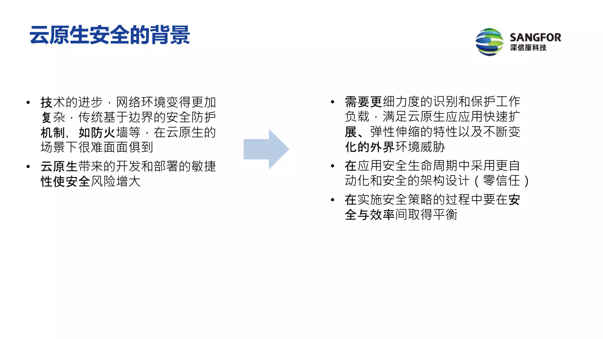 • 技术的进步，网络环境变得更加
复杂，传统基于边界的安全防护
机制，如防火墙等，在云原生的
场景下很难面面俱到
• 云原生带来的开发和部署的敏捷
性使安全风险增大
• 需要更细力度的识别和保护工作
负载，满足云原生应应用快速扩
展、弹性伸缩的特性以及不断变
化的外界环境威胁
• 在应用安全生命周期中采用更自
动化和安全的架构设计（零信任）
• 在实施安全策略的过程中要在安
全与效率间取得平衡
云原生安全的背景
 