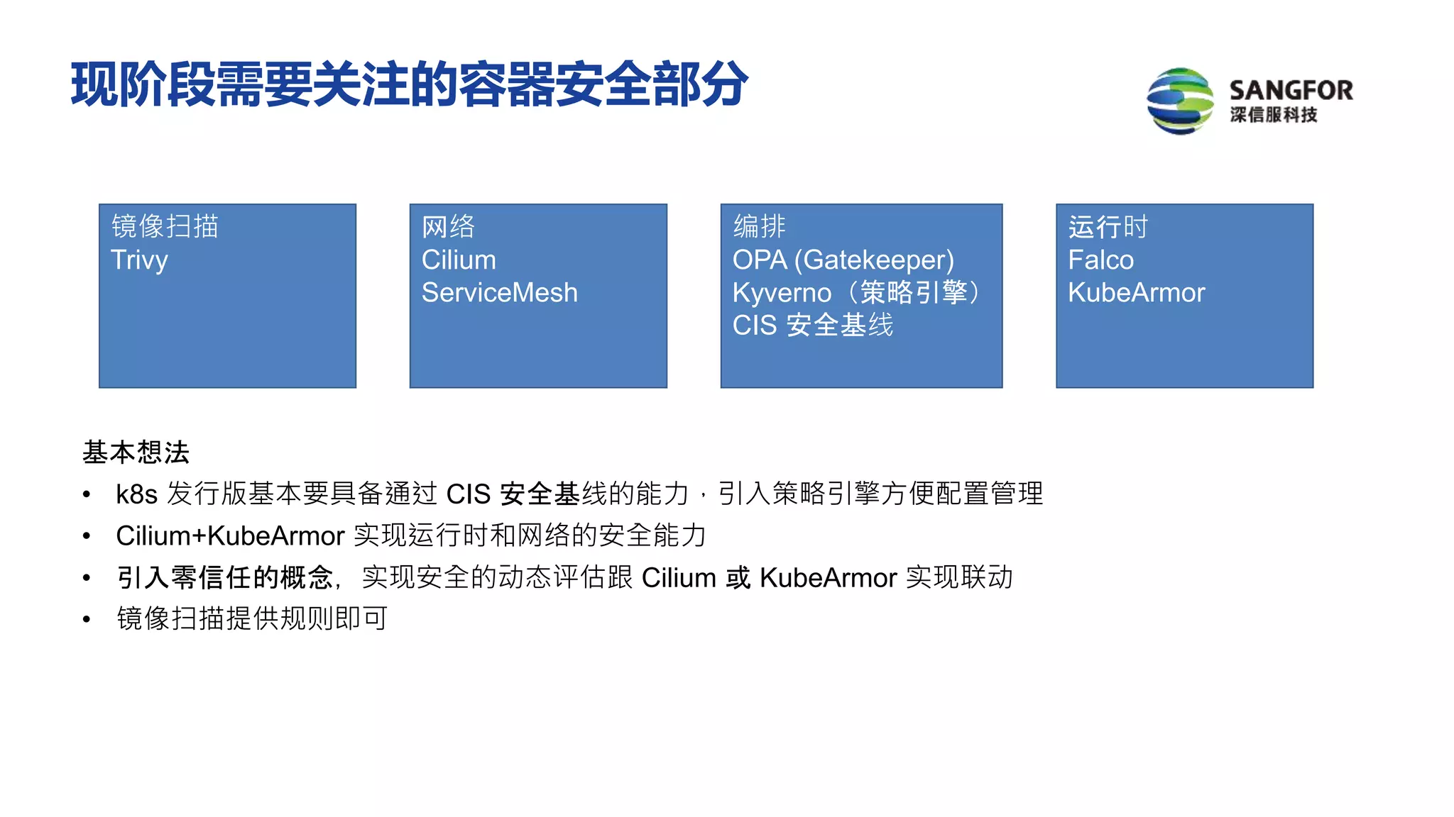 运行时
Falco
KubeArmor
网络
Cilium
ServiceMesh
镜像扫描
Trivy
编排
OPA (Gatekeeper)
Kyverno（策略引擎）
CIS 安全基线
基本想法
• k8s 发行版基本要具备通过 CIS 安全基线的能力，引入策略引擎方便配置管理
• Cilium+KubeArmor 实现运行时和网络的安全能力
• 引入零信任的概念，实现安全的动态评估跟 Cilium 或 KubeArmor 实现联动
• 镜像扫描提供规则即可
现阶段需要关注的容器安全部分
 