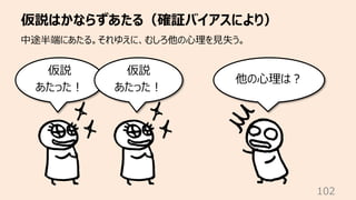 仮説はかならずあたる（確証バイアスにより）
102
中途半端にあたる。それゆえに、むしろ他の⼼理を⾒失う。
仮説
あたった︕
他の⼼理は︖
仮説
あたった︕
 