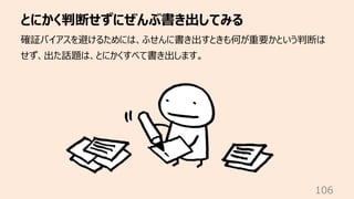 とにかく判断せずにぜんぶ書き出してみる
106
確証バイアスを避けるためには、ふせんに書き出すときも何が重要かという判断は
せず、出た話題は、とにかくすべて書き出します。
 