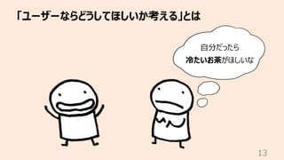 「ユーザーならどうしてほしいか考える」とは
13
⾃分だったら
冷たいお茶がほしいな
 