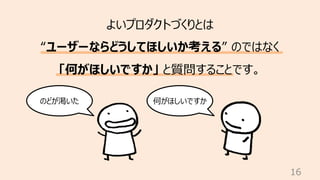 16
よいプロダクトづくりとは
“ユーザーならどうしてほしいか考える” のではなく
「何がほしいですか」 と質問することです。
のどが渇いた 何がほしいですか
 