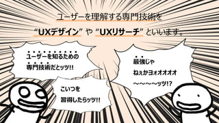 23
ユーザーを理解する専⾨技術を
“UXデザイン” や “UXリサーチ” といいます。
ユーザーを知るための
専⾨技術だとッツ!!
最強じゃ
ねぇかヨォオオオオ
〜〜〜〜ッツ!?
こいつを
習得したらッツ!!
 