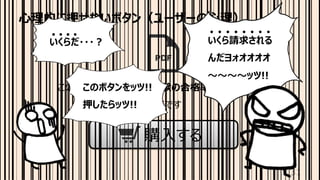 ⼼理的に押せないボタン（ユーザーの⼼理）
31
この教材を購⼊した⼈の試験の合格率は99.8%です
本当です
購⼊する
いくらだ・・・︖ いくら請求される
んだヨォオオオオ
〜〜〜〜ッツ!!
このボタンをッツ!!
押したらッツ!!
 
