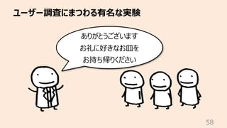 ユーザー調査にまつわる有名な実験
58
ありがとうございます
お礼に好きなお⽫を
お持ち帰りください
 