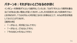 パターン8︓それがないとどうなるのか訊く
74
インタビュー対象者が「X」という選択をしていたとき、「なぜですか」という質問を重ね
ると「Xがあると良い理由」が返ってきます。しかしその回答がいまいち具体的でない
ときがあります。「ではXがないと何が起こるのか」を尋ねることで、Xの必然性を発話
してもらうことができます。
【質問の例】
• 「〜がないと、何が起こるんですか」
• 「〜がないと、どうなるんですか」
• 「今のままじゃダメなんですか」
 