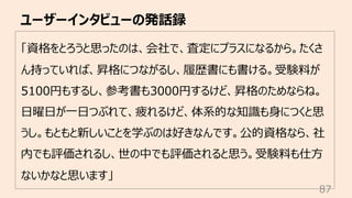 ユーザーインタビューの発話録
87
「資格をとろうと思ったのは、会社で、査定にプラスになるから。たくさ
ん持っていれば、昇格につながるし、履歴書にも書ける。受験料が
5100円もするし、参考書も3000円するけど、昇格のためならね。
⽇曜⽇が⼀⽇つぶれて、疲れるけど、体系的な知識も⾝につくと思
うし。もともと新しいことを学ぶのは好きなんです。公的資格なら、社
内でも評価されるし、世の中でも評価されると思う。受験料も仕⽅
ないかなと思います」
 