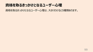 資格を取るきっかけとなるユーザー⼼理
99
資格を取るきっかけとなるユーザー⼼理は、⼤きくわけると5種類あります。
 