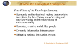 What is the Conceptual Framework?
Four Pillars of the Knowledge Economy:
Economic and institutional regime that provides
incentives for the efficient use of existing and
new knowledge and the flourishing of
entrepreneurship
Educated, creative and skilled people
Dynamic information infrastructure
Effective national innovation system
©© Knowledge for Development, WBI
 