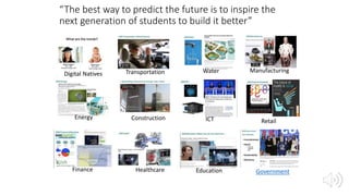 “The best way to predict the future is to inspire the
next generation of students to build it better”
Digital Natives Transportation Water Manufacturing
Energy Construction ICT Retail
Finance Healthcare Education Government
 