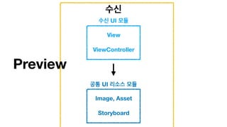 수신
View
ViewController
수신 UI 모듈
Image, Asset
Storyboard
공통 UI 리소스 모듈
Preview
 
