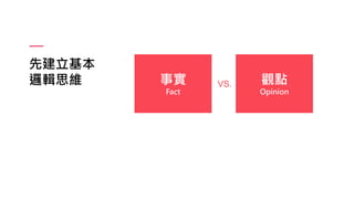先建立基本
邏輯思維 事實
Fact
觀點
Opinion
VS.
 