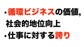 •循環ビジネスの価値,
社会的地位向上
•仕事に対する誇り
 