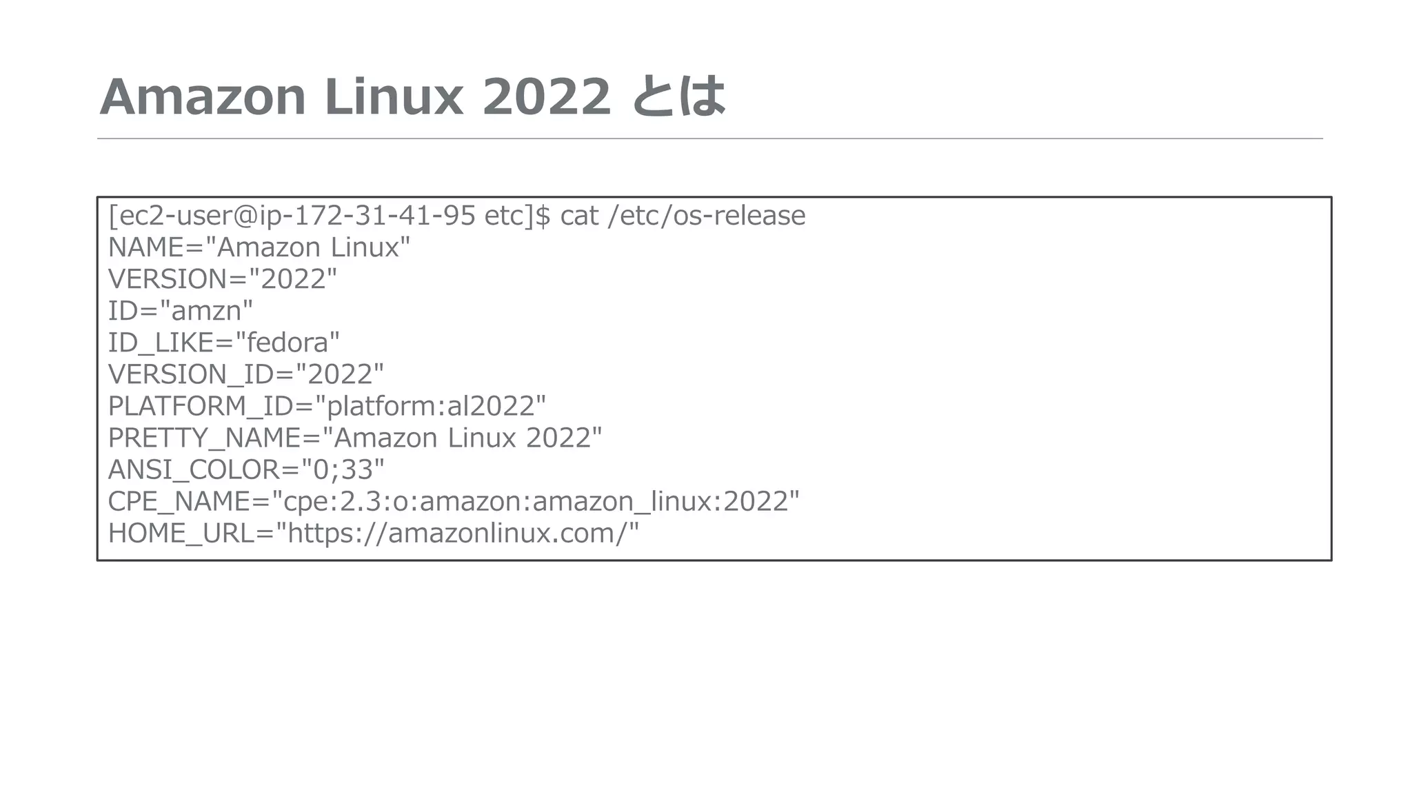 Amazon Linux 2022 とは
[ec2-user@ip-172-31-41-95 etc]$ cat /etc/os-release
NAME="Amazon Linux"
VERSION="2022"
ID="amzn"
ID_LIKE="fedora"
VERSION_ID="2022"
PLATFORM_ID="platform:al2022"
PRETTY_NAME="Amazon Linux 2022"
ANSI_COLOR="0;33"
CPE_NAME="cpe:2.3:o:amazon:amazon_linux:2022"
HOME_URL="https://amazonlinux.com/"
 