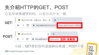 先介紹HTTP的GET、POST
它是用來傳遞資料的，只是方式不太一樣
GET:
POST:
空的 沒東西
小結：GET會把資料透過網址傳遞；POST不會
 