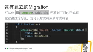 還有建立的Migration
可以在 (略)_courses_table.php 裡看到下面的程式碼
在這邊設定好後，就可以幫資料庫新增資料表
 