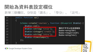 開始為資料表設定欄位
新增三個欄位，分別是「課名」、「學分」、「說明」
懶的打字可以從這裡複製：
$table->string('title');
$table->integer('credit');
$table->string('intro');
 