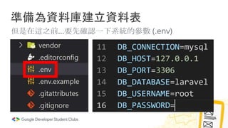 準備為資料庫建立資料表
但是在這之前…要先確認一下系統的參數 (.env)
 