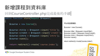 新增課程到資料庫
回到CourseController.php完成最後的手續
可以從這裡複製：
$course = new Course();
$course->title = $request->input('title');
$course->credit = $request->input('credit');
$course->intro = $request->input('intro');
$course->save();
return redirect()->route('course.index');
 
