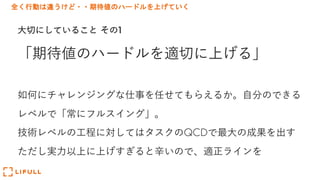 全く行動は違うけど・・期待値のハードルを上げていく
⼤切にしていること その1
「期待値のハードルを適切に上げる」
如何にチャレンジングな仕事を任せてもらえるか。⾃分のできる
レベルで「常にフルスイング」。
技術レベルの⼯程に対してはタスクのQCDで最⼤の成果を出す
ただし実⼒以上に上げすぎると⾟いので、適正ラインを
 