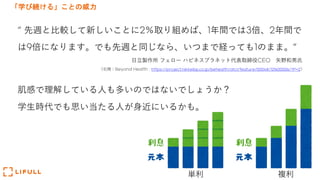 「学び続ける」ことの威力
" 先週と⽐較して新しいことに2％取り組めば、1年間では3倍、2年間で
は9倍になります。でも先週と同じなら、いつまで経っても1のまま。"
⽇⽴製作所 フェロー ハピネスプラネット代表取締役CEO ⽮野和男⽒
(引⽤：Beyond Health : https://project.nikkeibp.co.jp/behealth/atcl/feature/00048/121600006/?P=2)
肌感で理解している⼈も多いのではないでしょうか？
学⽣時代でも思い当たる⼈が⾝近にいるかも。
単利 複利
 