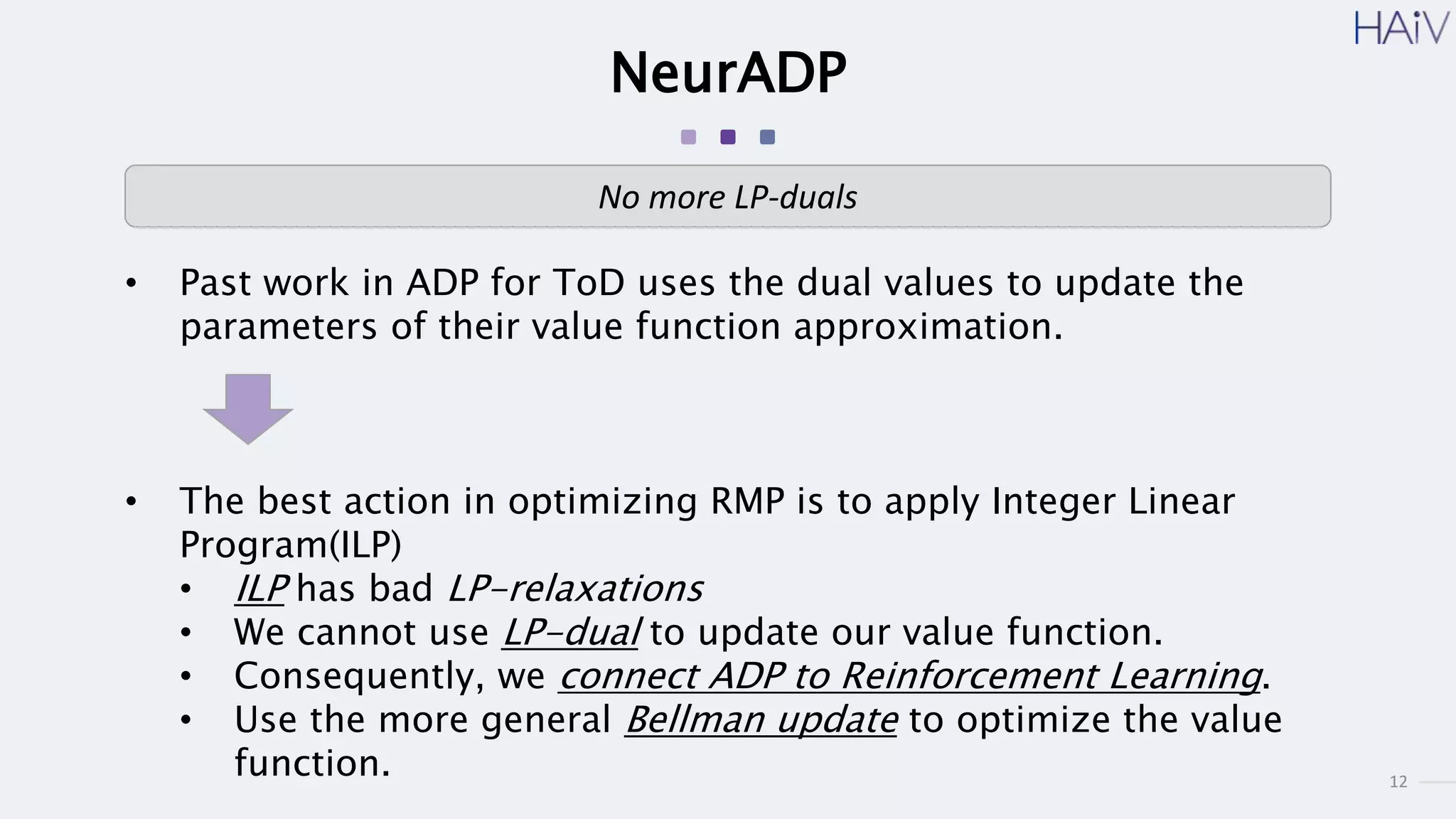 12
NeurADP
• Past work in ADP for ToD uses the dual values to update the
parameters of their value function approximation.
• The best action in optimizing RMP is to apply Integer Linear
Program(ILP)
• ILP has bad LP-relaxations
• We cannot use LP-dual to update our value function.
• Consequently, we connect ADP to Reinforcement Learning.
• Use the more general Bellman update to optimize the value
function.
No more LP-duals
 