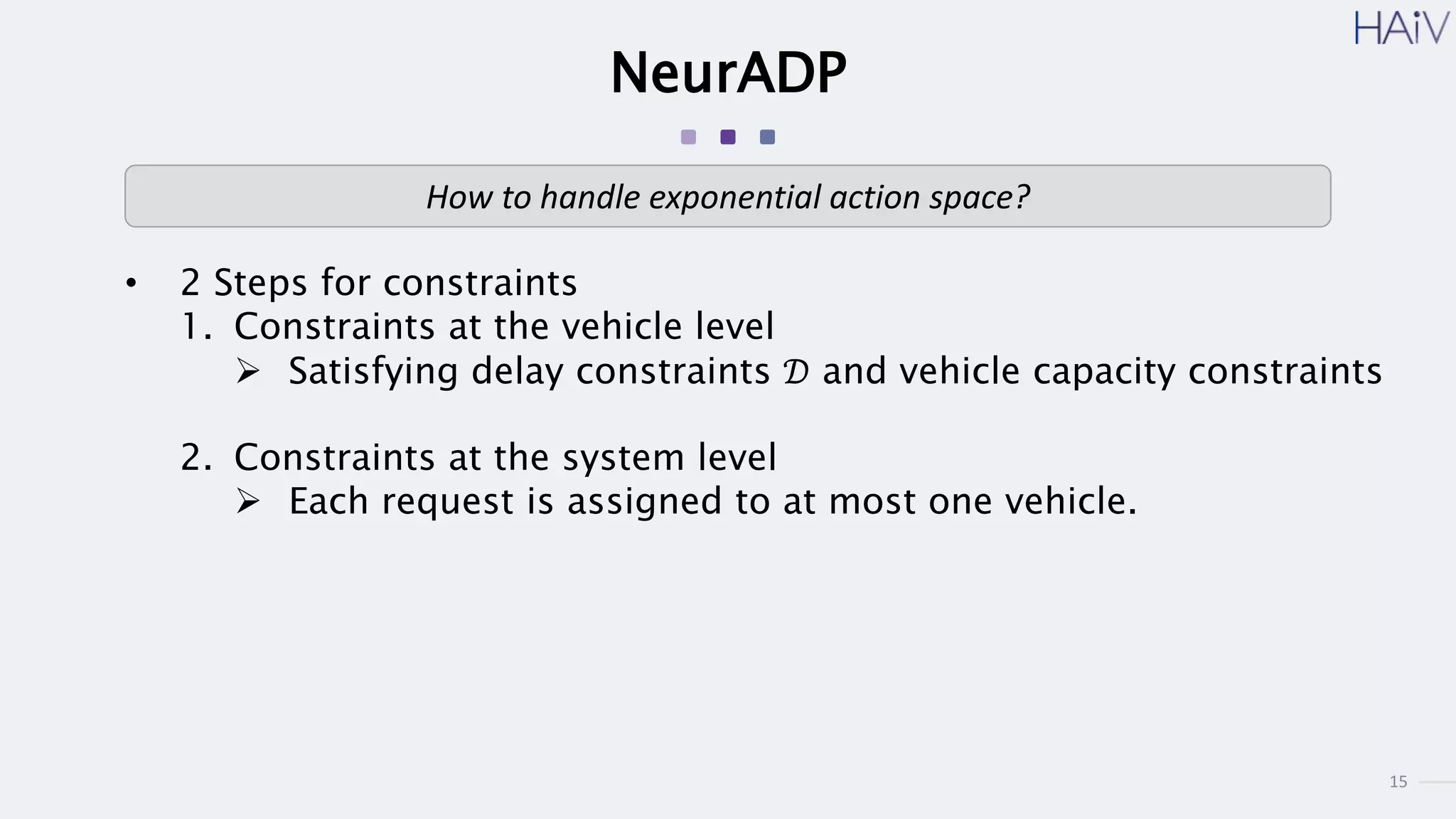 15
NeurADP
• 2 Steps for constraints
1. Constraints at the vehicle level
 Satisfying delay constraints 𝒟 and vehicle capacity constraints
2. Constraints at the system level
 Each request is assigned to at most one vehicle.
How to handle exponential action space?
 