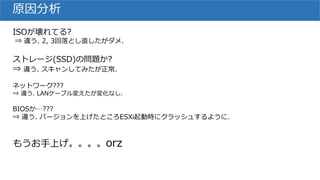 原因分析
ISOが壊れてる?
⇒ 違う. 2, 3回落とし直したがダメ.
ストレージ(SSD)の問題か?
⇒ 違う. スキャンしてみたが正常.
ネットワーク???
⇒ 違う. LANケーブル変えたが変化なし.
BIOSか…???
⇒ 違う. バージョンを上げたところESXi起動時にクラッシュするように.
もうお手上げ。。。。orz
 