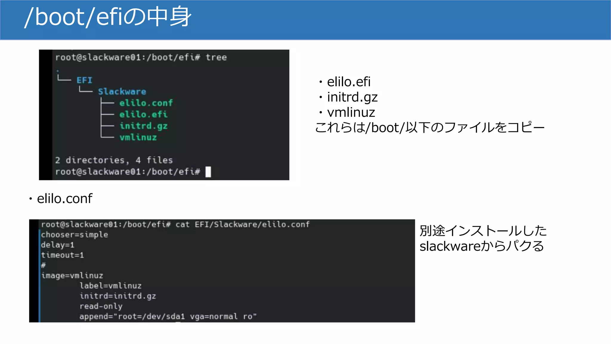 /boot/efiの中身
・elilo.efi
・initrd.gz
・vmlinuz
これらは/boot/以下のファイルをコピー
・elilo.conf
別途インストールした
slackwareからパクる
 