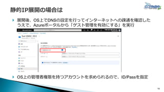 19
 展開後、OS上でDNSの設定を行ってインターネットへの疎通を確認した
うえで、Azureポータルから「ゲスト管理を有効にする」を実行
 OS上の管理者権限を持つアカウントを求められるので、ID/Passを指定
 