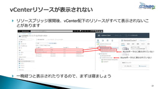 21
 リソースブリッジ展開後、vCenter配下のリソースがすべて表示されないこ
とがあります
 一晩経つと表示されたりするので、まずは寝ましょう
Azureポータルに表示されていない
Azureポータルに表示されていない
 