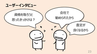 ユーザーインタビュー
23
資格を取ろうと
思ったきっかけは︖
会社で
勧められたから
査定が
良くなるから
 