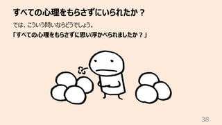 すべての⼼理をもらさずにいられたか︖
38
では、こういう問いならどうでしょう。
「すべての⼼理をもらさずに思い浮かべられましたか︖」
 