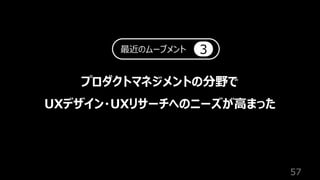 57
プロダクトマネジメントの分野で
UXデザイン・UXリサーチへのニーズが⾼まった
最近のムーブメント 3
 