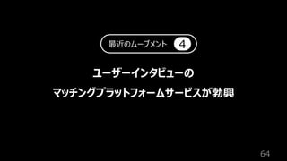 64
ユーザーインタビューの
マッチングプラットフォームサービスが勃興
最近のムーブメント 4
 